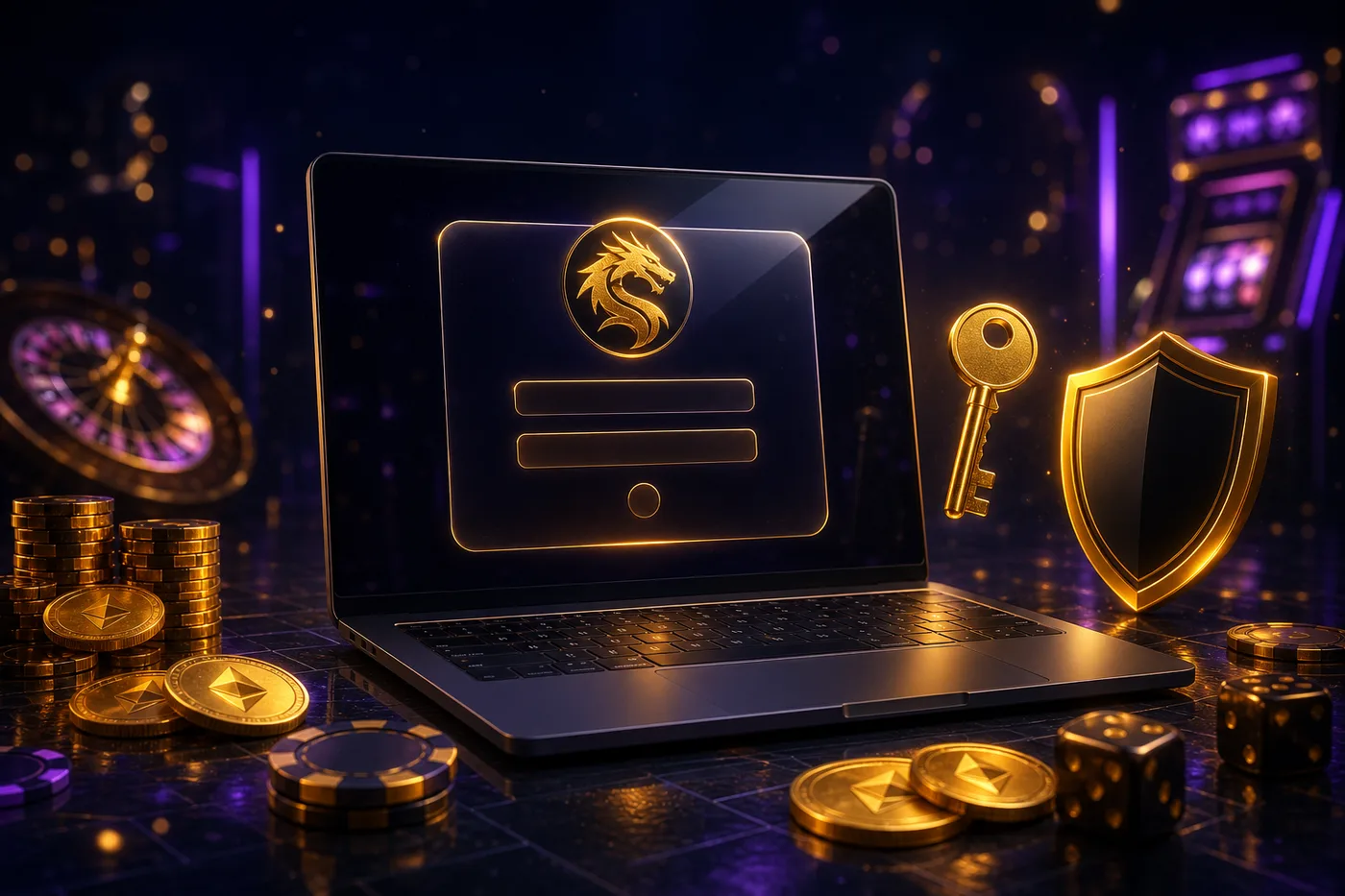 Anmeldemaske des Dragonia Casino auf einem Laptop mit Drachenmotiv